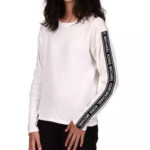 Michael Kors White Waffle Knit Cotton Long Sleeve Top with Logo Sleeve M